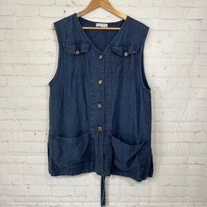Rose Parks Top Womens 3 Blue Tunic Shirt Vest Linen Button Up Hi Low Pockets